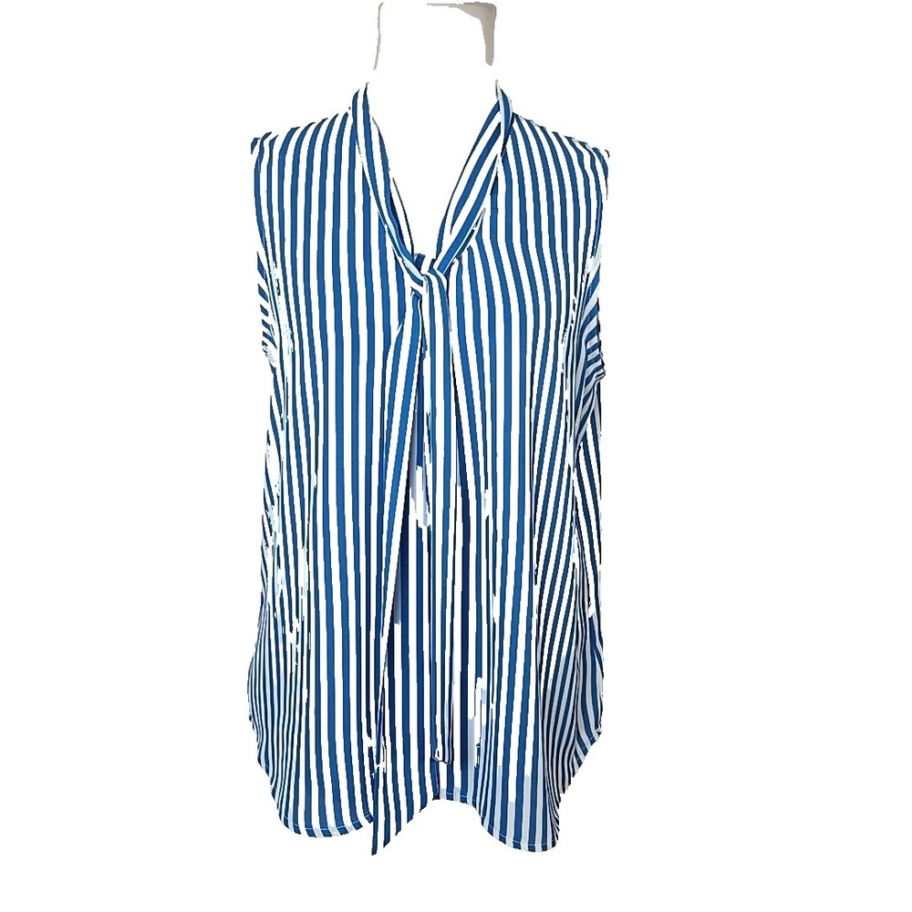 The Limited‎ Blue White Stripe Sleeveless Tie Front Chiffon Blouse Large L